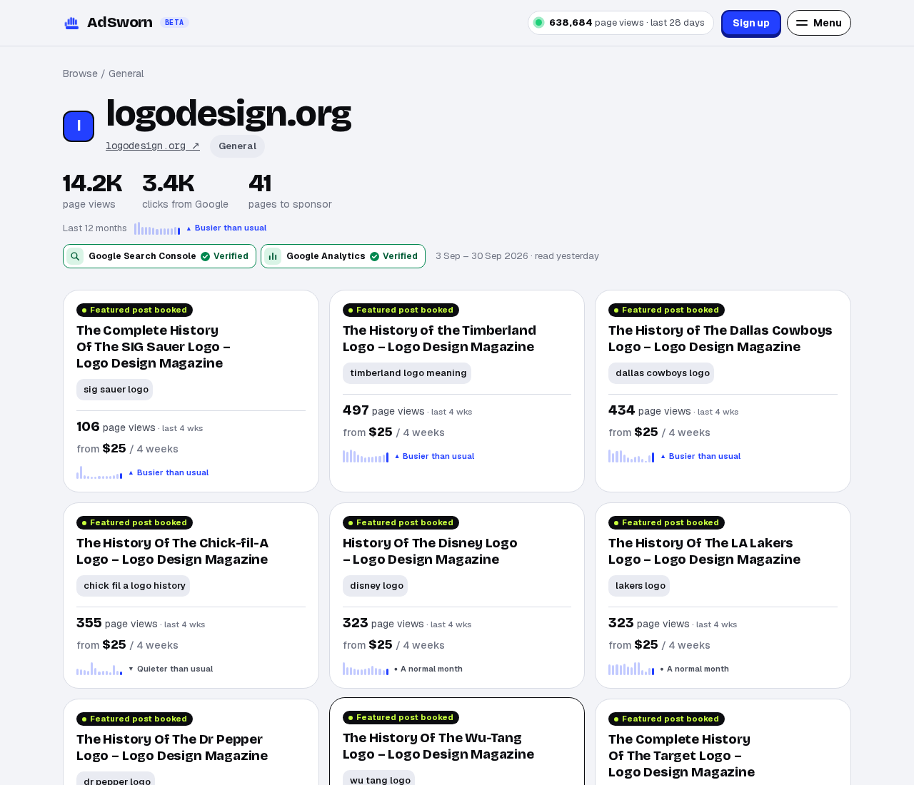 AdSworn's public listing of logodesign.org with verified Google traffic and pages for sale