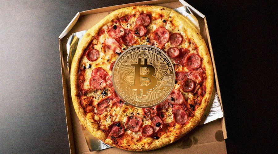Bitcoin Pizza Day 22 May. concept of buying pizza with bitcoin. cryptocommunity holiday. copy space. 2 pizzas for a price of 10000 Bitcoins. Pizza Index