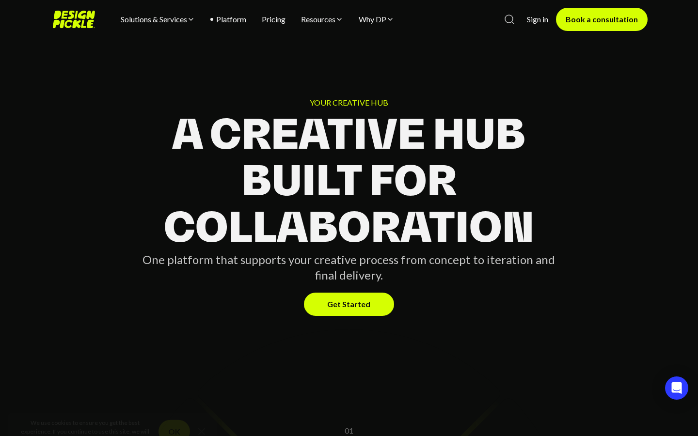 Design Pickle marketing page showing the 'Creative Hub' collaboration positioning, captured July 2026