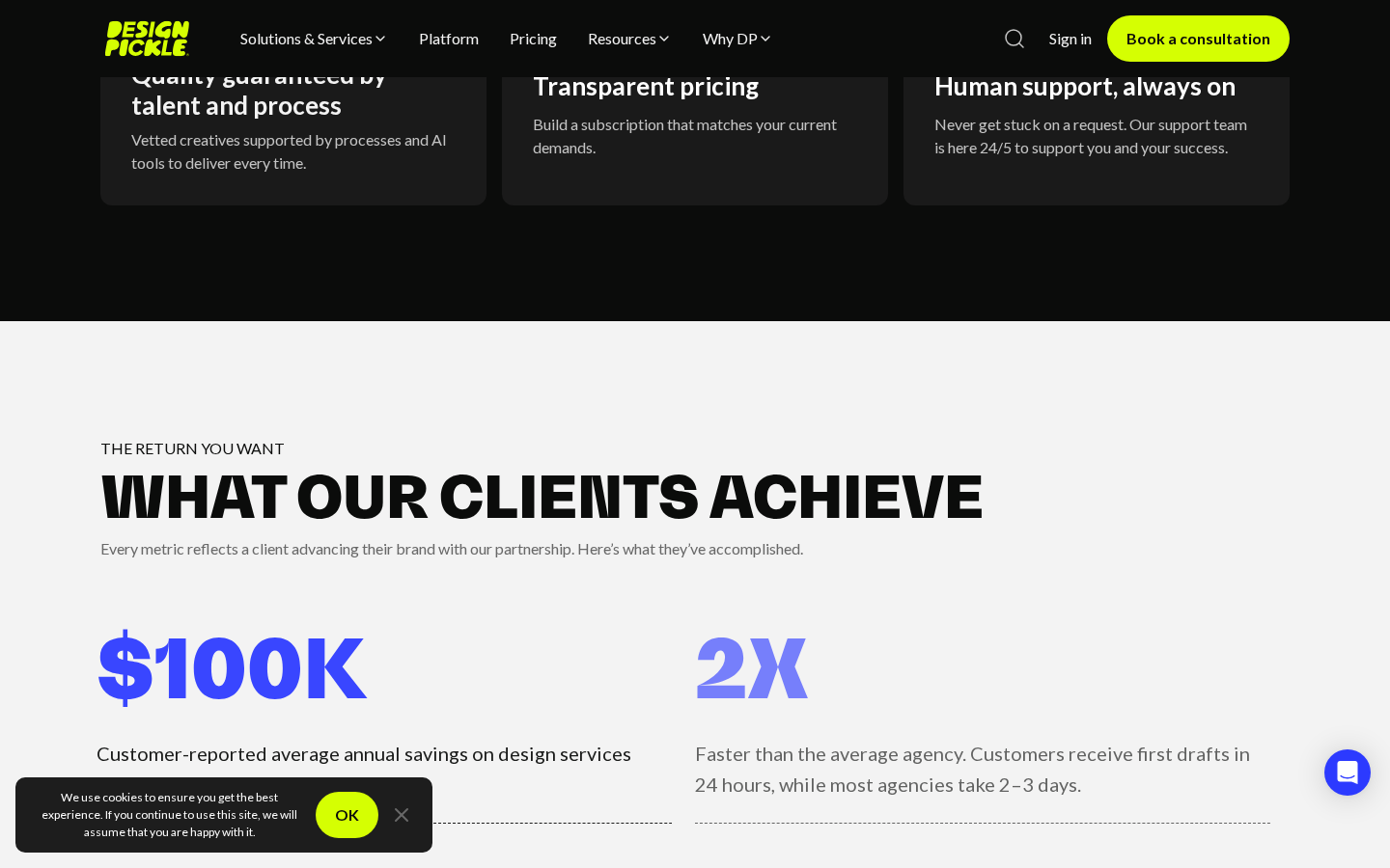 Design Pickle marketing page describing transparent pricing, vetted talent, and client outcomes, captured July 2026