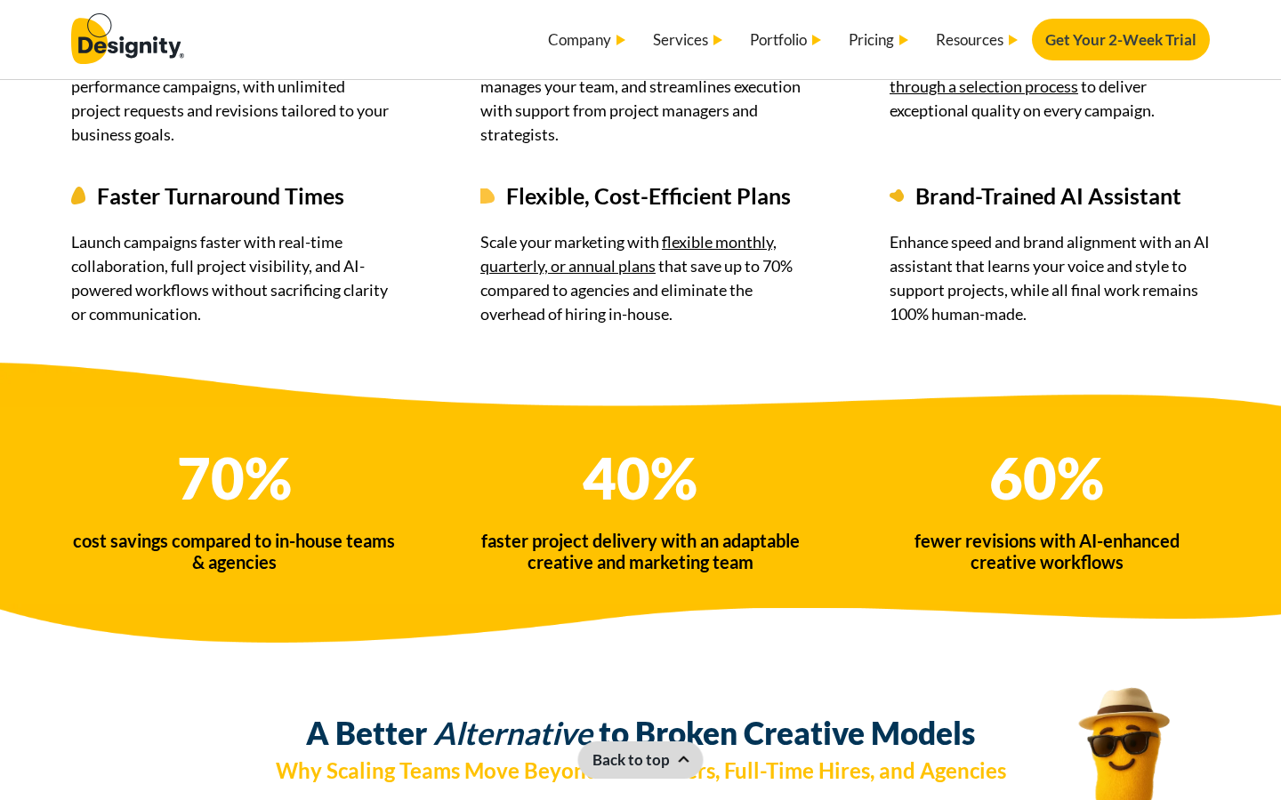Designity marketing page describing project management and cost savings, captured July 2026