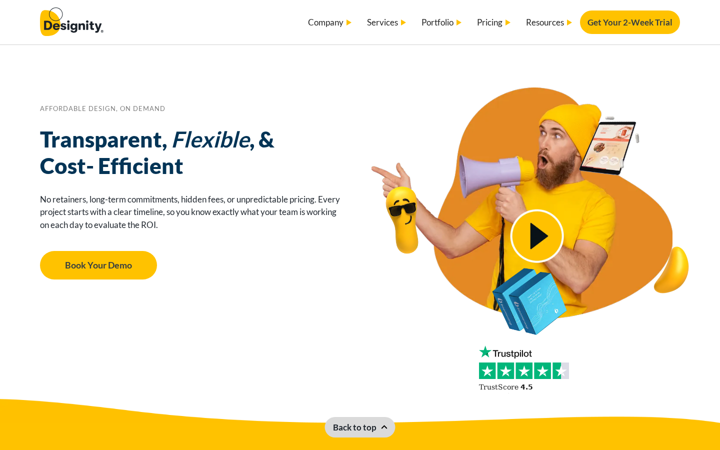 Designity pricing page captured July 2026 showing the $5,995 Plus plan and Trustpilot score