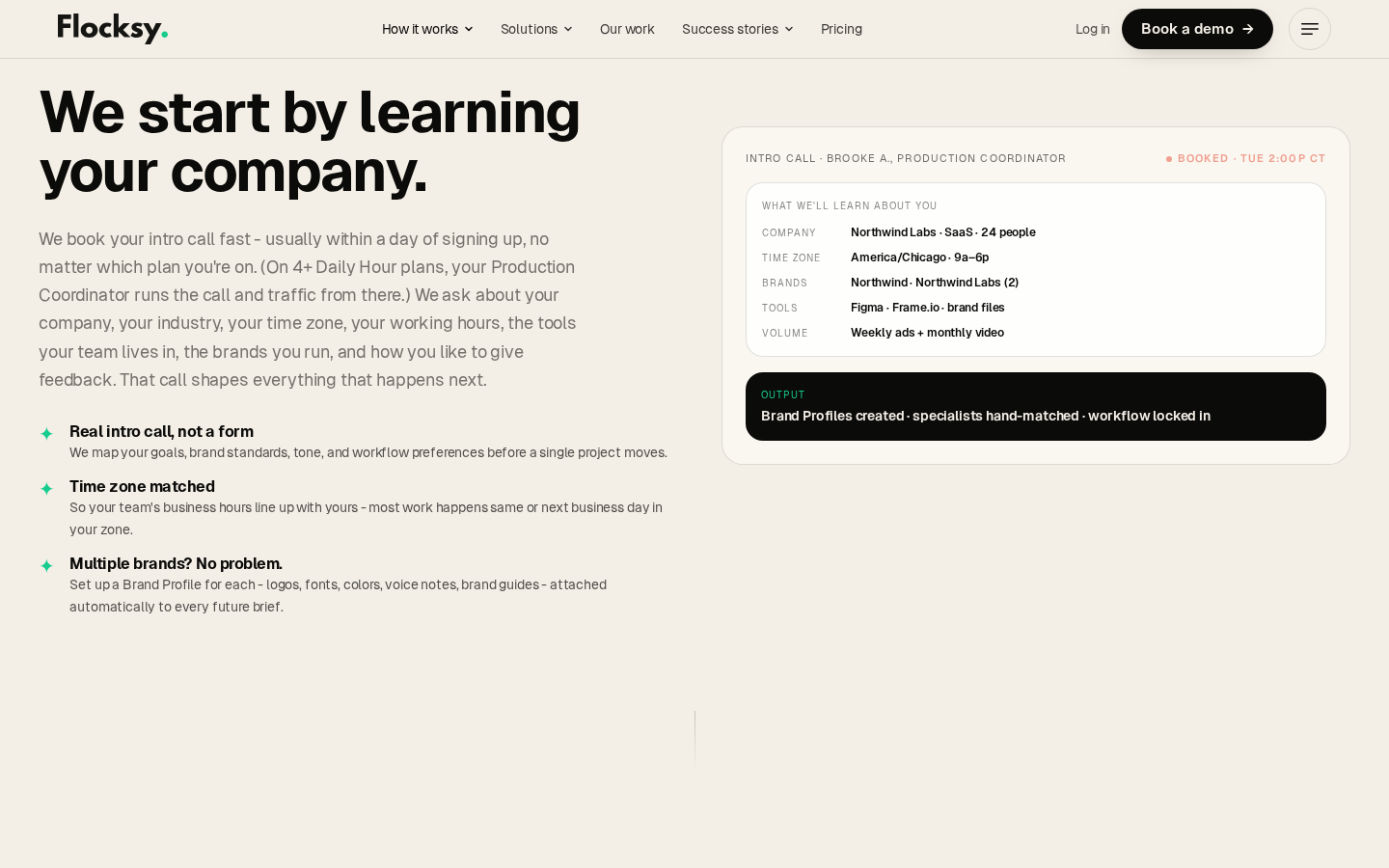 Flocksy onboarding marketing page captured July 2026 describing intro call and time-zone matching