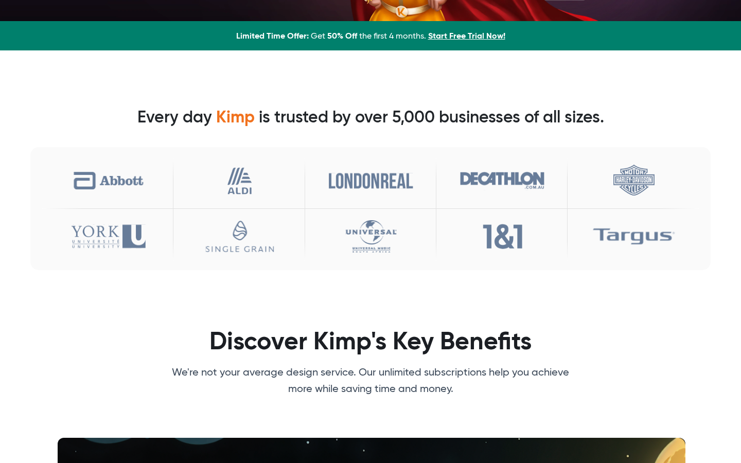 Kimp marketing page with client logo marquee, captured July 2026