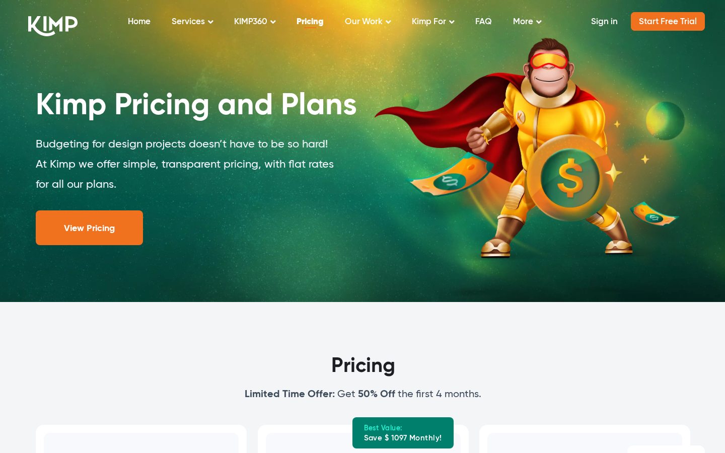 Kimp pricing page captured July 2026 with the promotional first-four-months offer visible