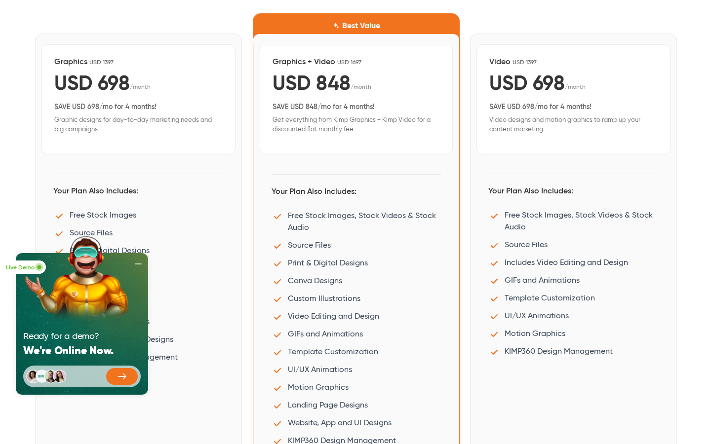 Kimp Graphics plan card captured July 2026 with promotional pricing and inclusions