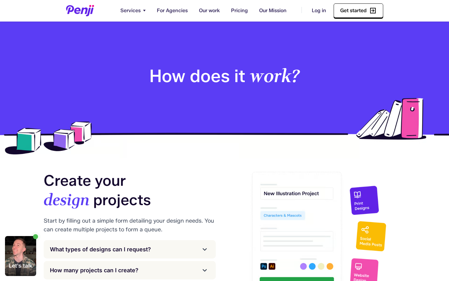 Penji marketing page describing how to create projects, captured July 2026