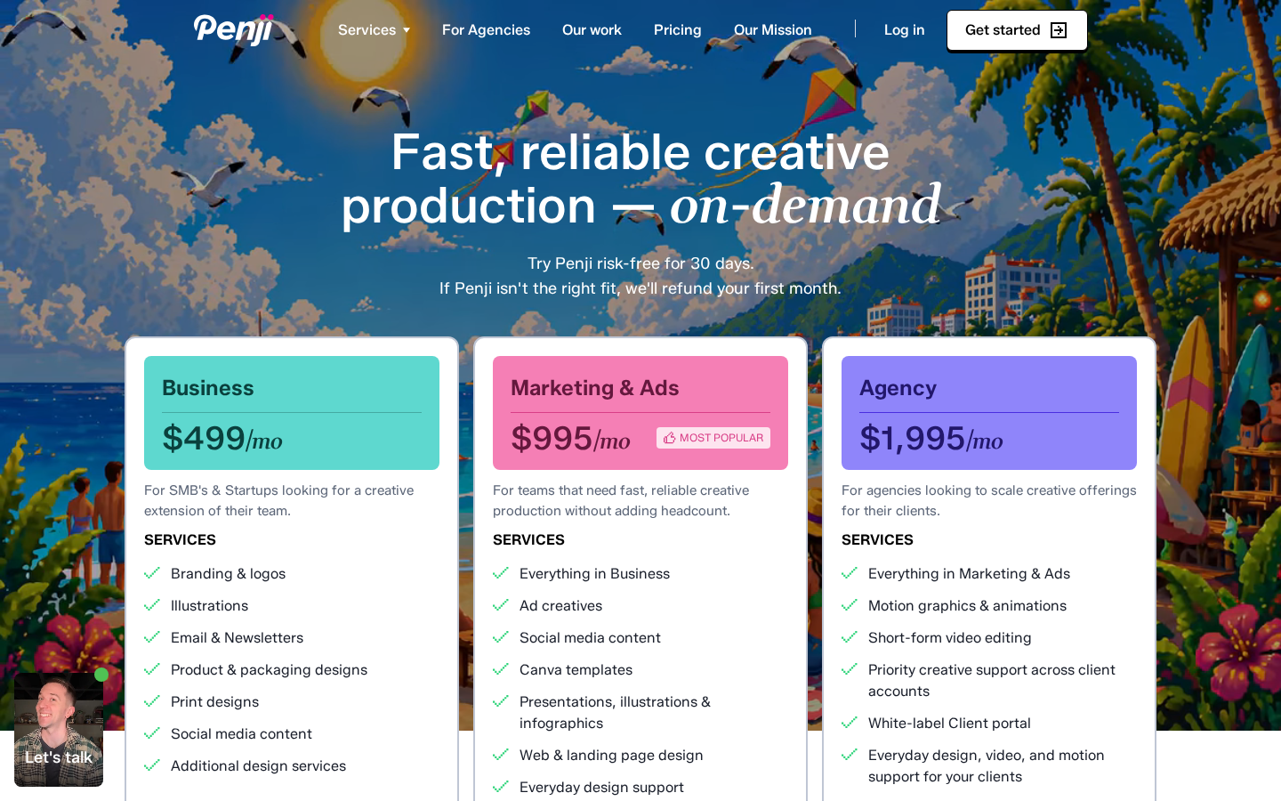 Penji pricing page captured July 2026 showing Business, Marketing & Ads, and Agency tiers