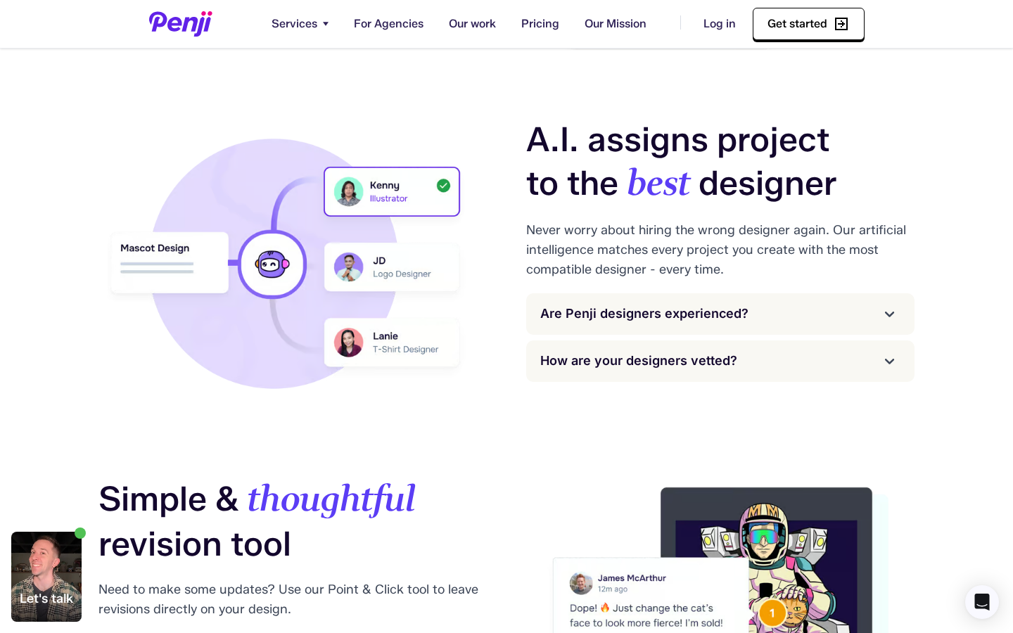 Penji marketing page showing its point-and-click revision tool, captured July 2026