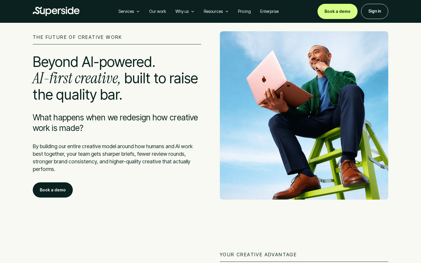 Superside marketing page captured July 2026 describing the AI-first creative model