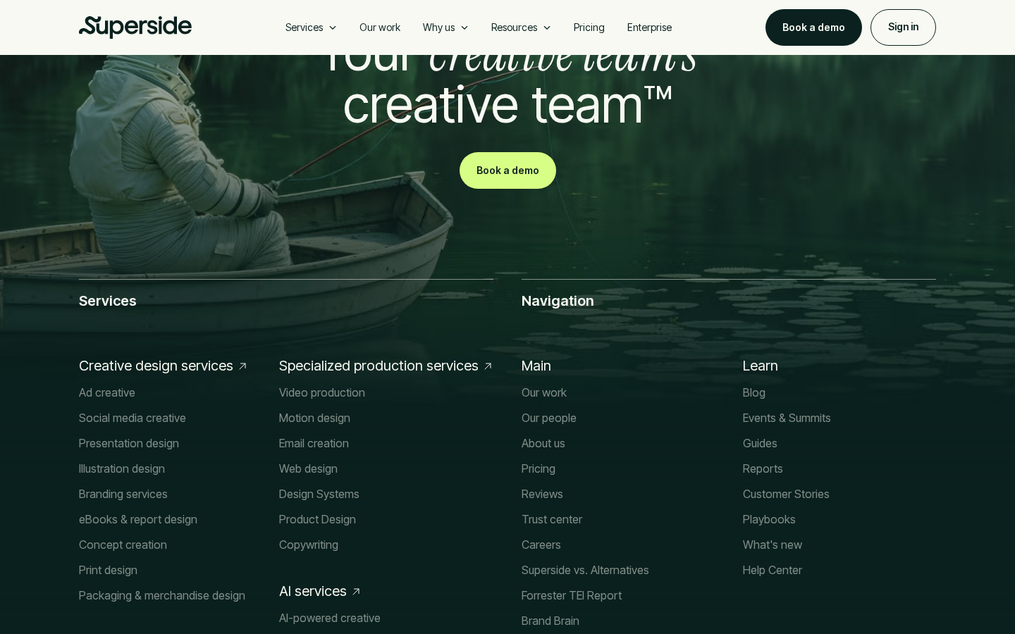 Superside services navigation captured July 2026 listing creative design, specialized production, and AI services