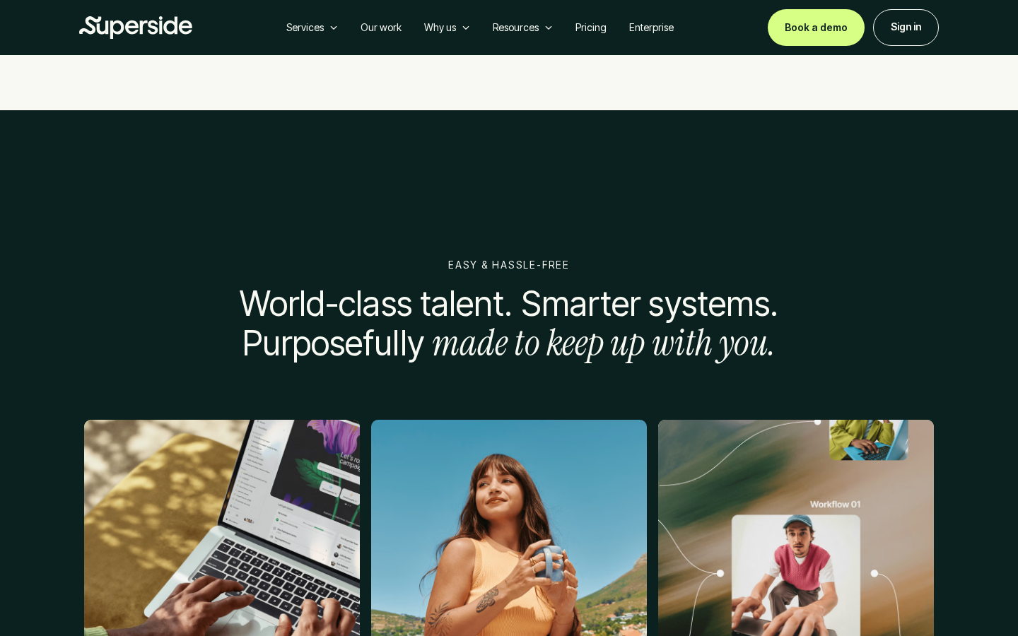 Superside services marketing page captured July 2026 describing world-class talent