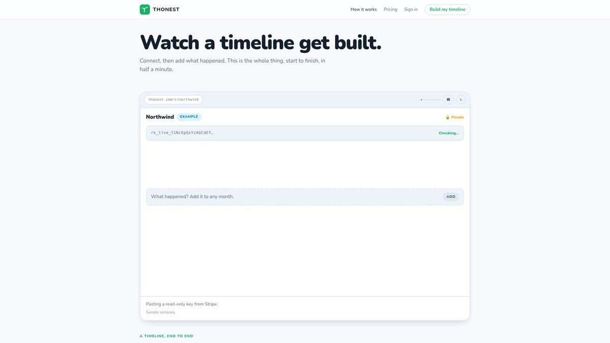 Thonest how-it-works page demonstrating a timeline being built from a Stripe connection