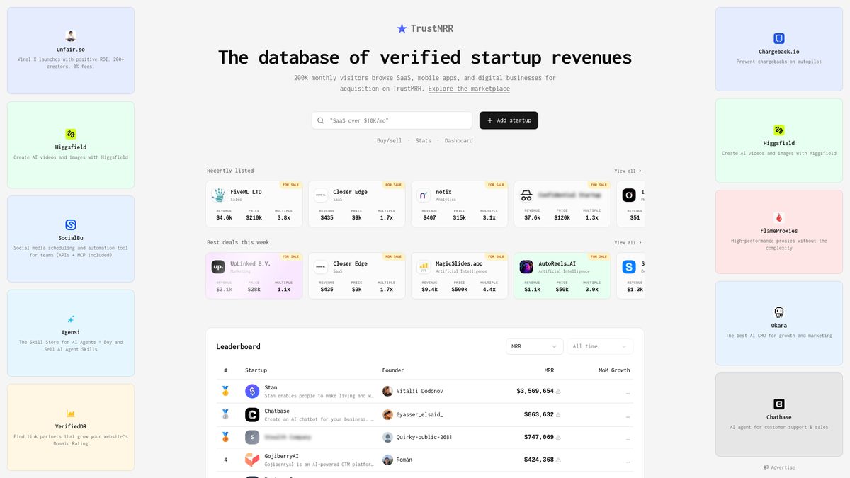 TrustMRR homepage showing the verified startup revenue database and startups listed for sale with revenue, price, and multiple
