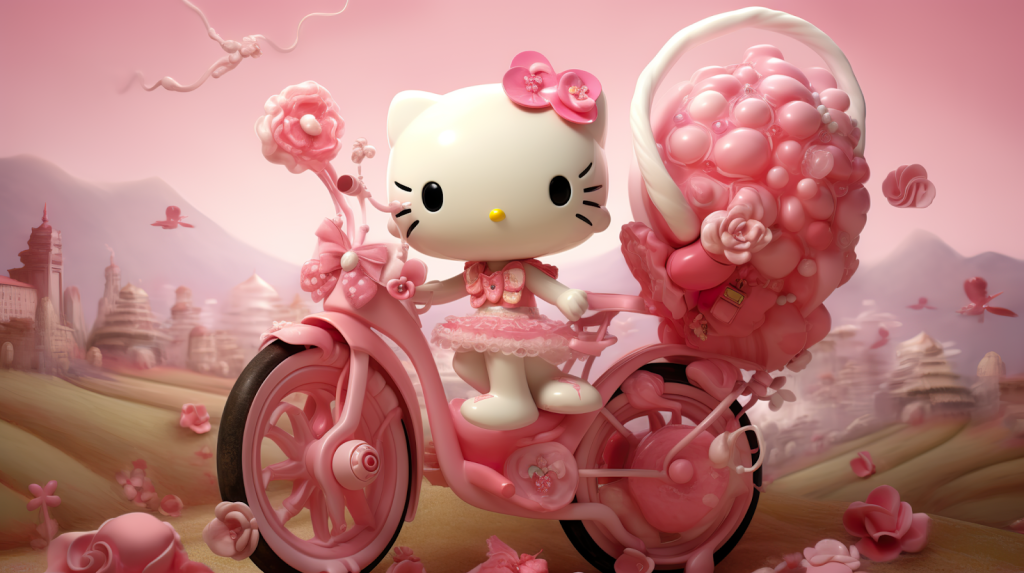 White cat dressed in pink on a bike with pink balloons