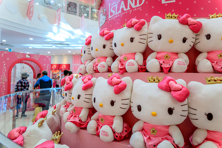 JEJU, SOUTH KOREA - OCT 10, 2017 : Hello Kitty Merchandise Plush Soft Toys in Hello Kitty Island in Jeju island, South Korea. Hello Kitty Island is one of the most popular tourist attractions in Jeju.