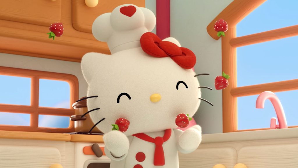 Hello Kitty eating strawberries